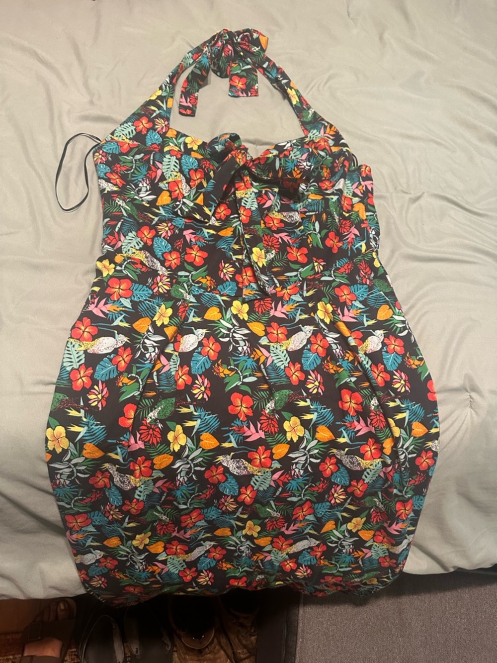 Unique Vintage Black Floral Halter Top with Multicolor Hibiscus Print